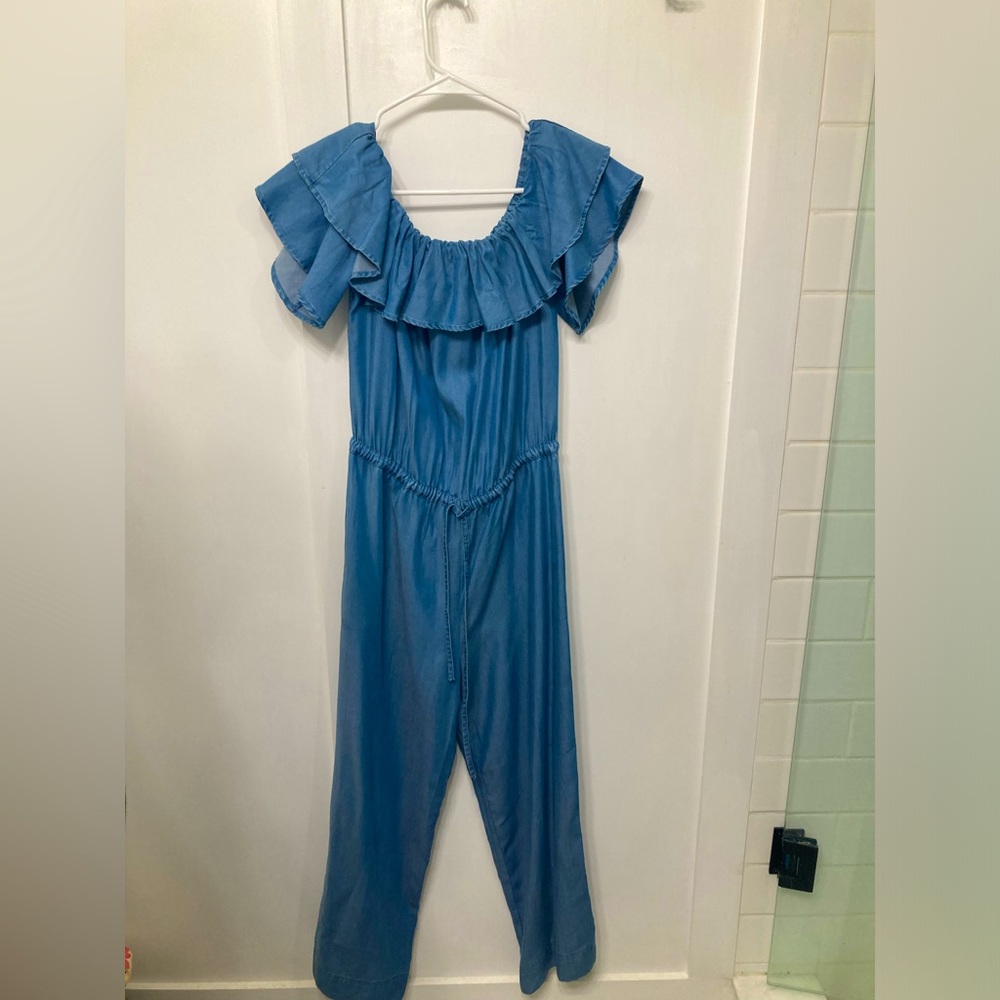 LOFT XS Tencel Denim Off-shoulder Jumpsuit/Romper with Drawstring Waist